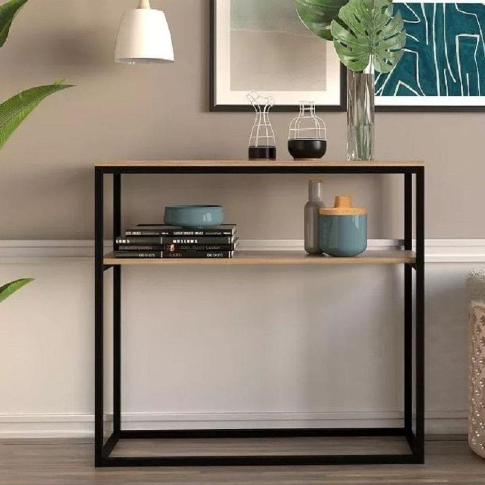 RS | Aparador Estante Industrial De Aço Preto E Carvalho Sala