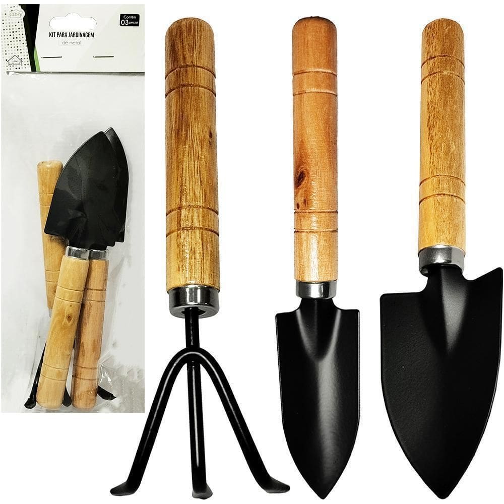 Kit Jardim 2 Pas + Ancinho / Rastelo Cabo Madeira Com 3 Peca