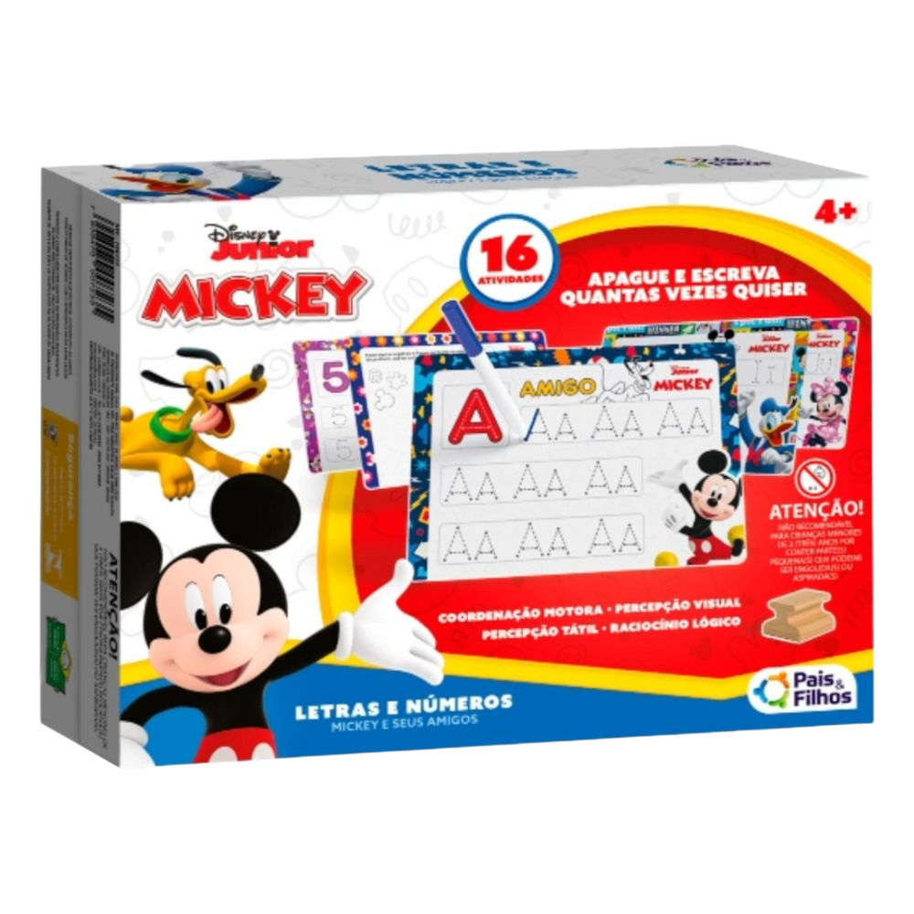 Jogo de Aprendizagem Letras Números Mickey Plaquinhas Roleta Caneta Apagadore Pais e Filhos