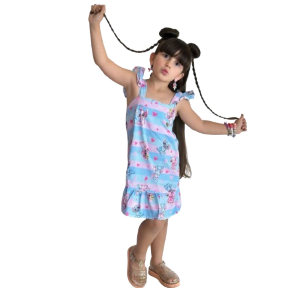 Vestido Infantil Meninas Stitch Com Alças de Babadinhos Luxo