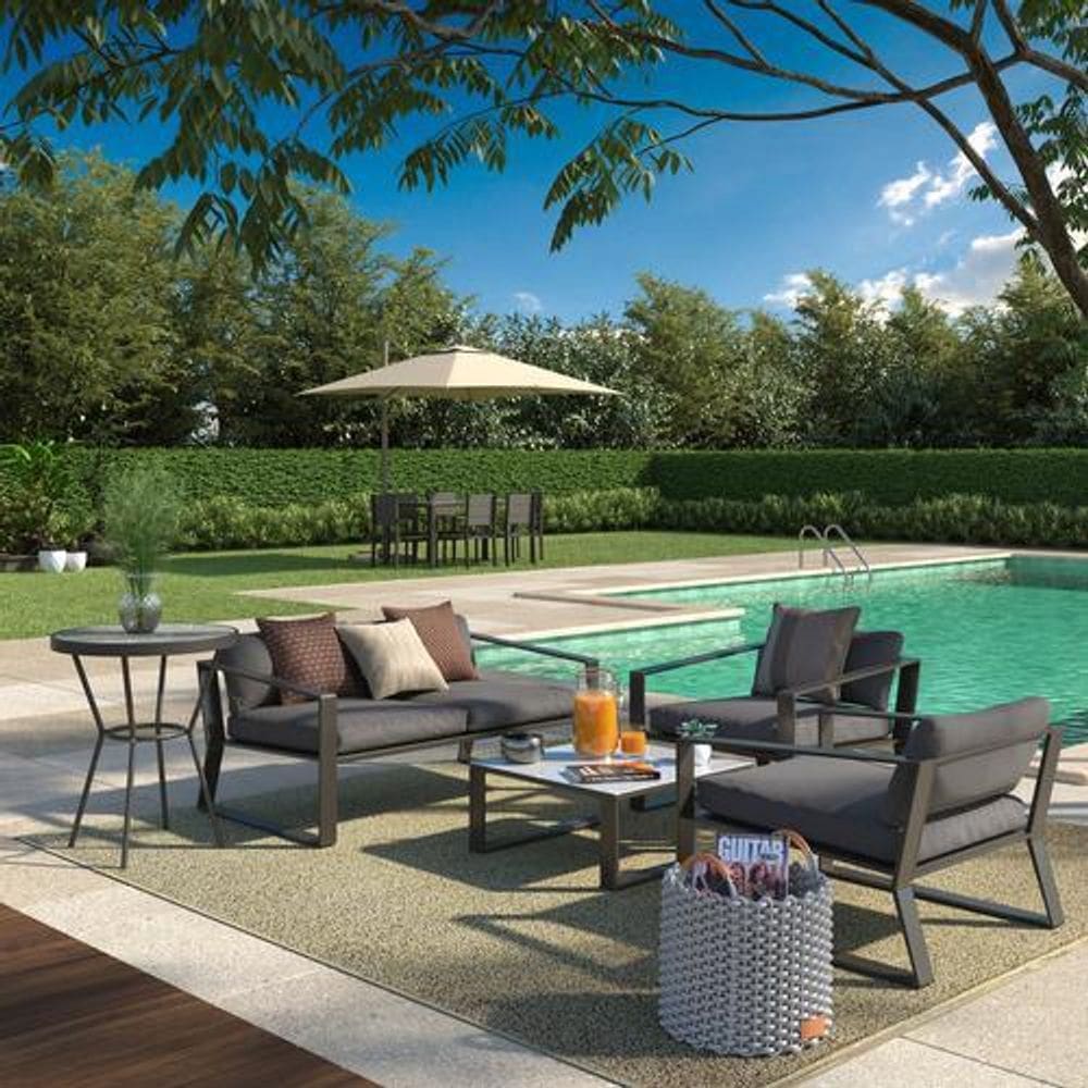 Conjunto De Jardim 4 Peca Sofa Poltrona Mesa Cinza 4 Lugares