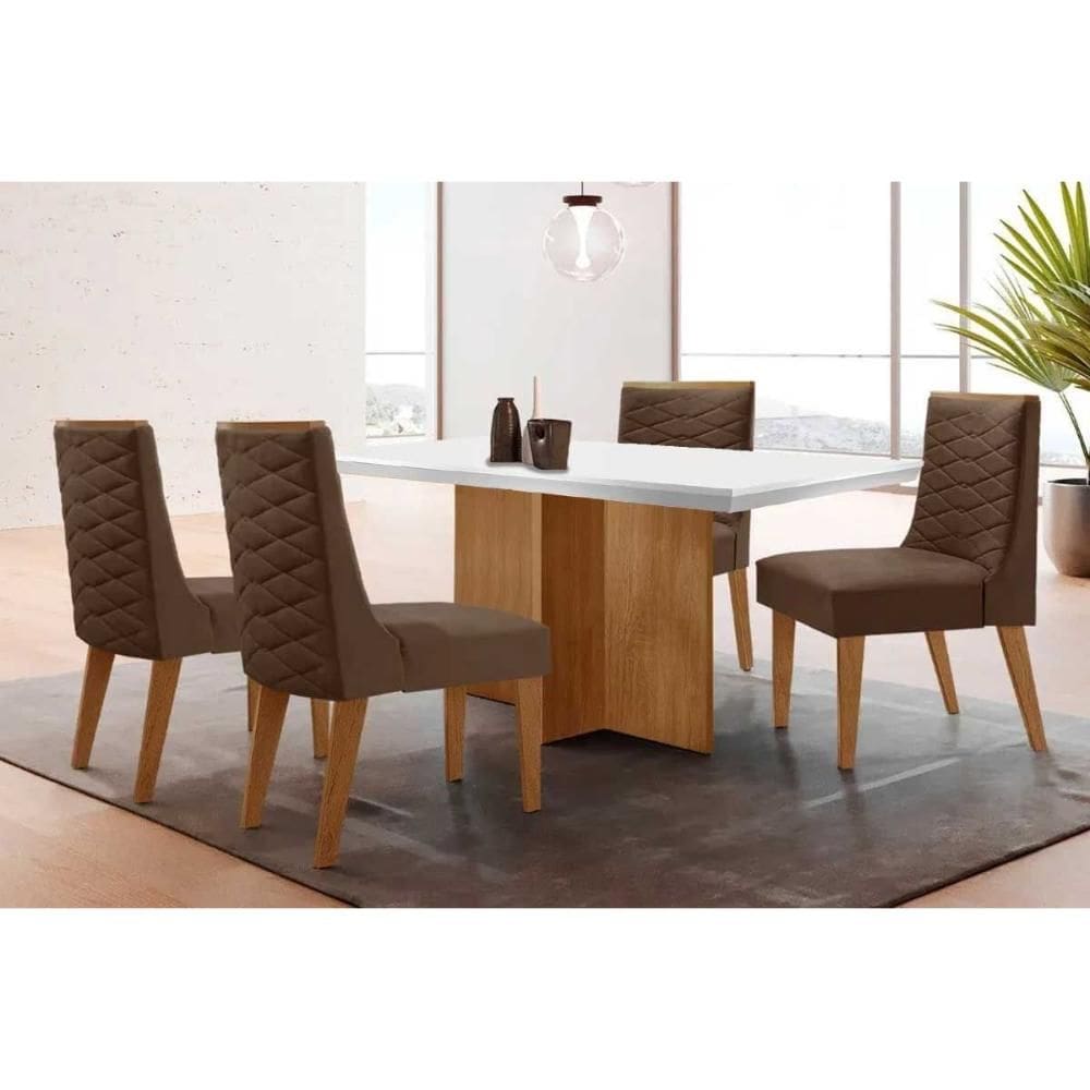 Conjunto Sala de Jantar Berlim c/ Tampo Madeirado c/ Vidro Canto Curvo 120x80cm e 4 Cadeiras Dafne Madeira Maciça Naturale/Off White - Capuccino/Suede