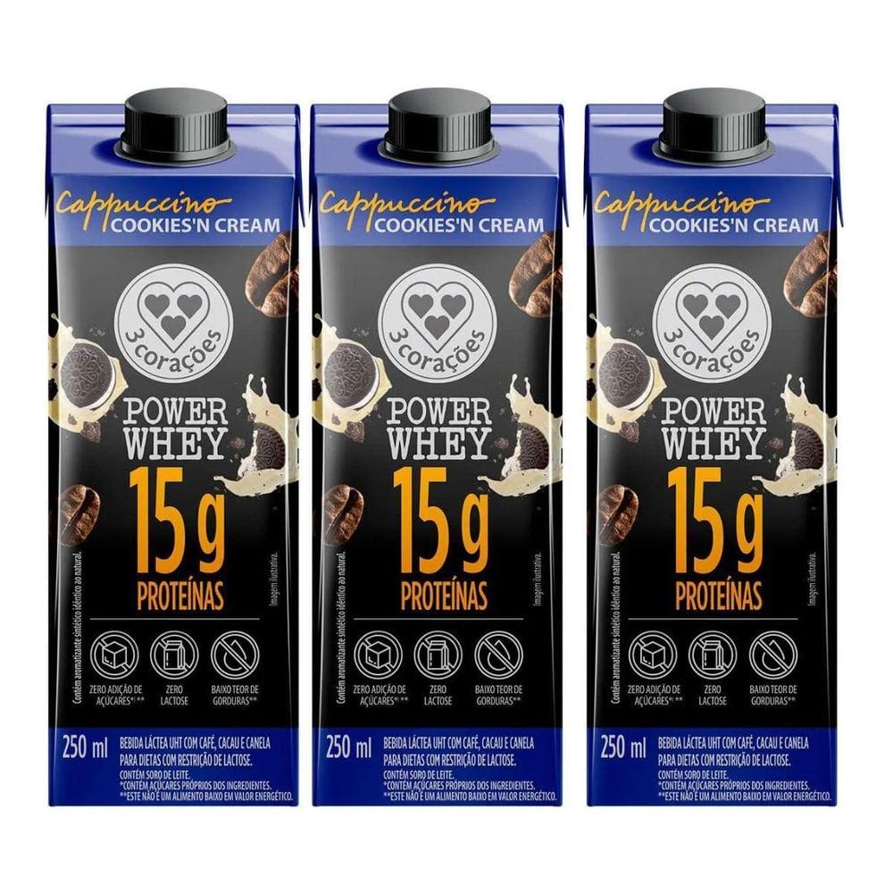 Kit 3 Cappuccino 15G Proteina Power Cookies Cream 250Ml