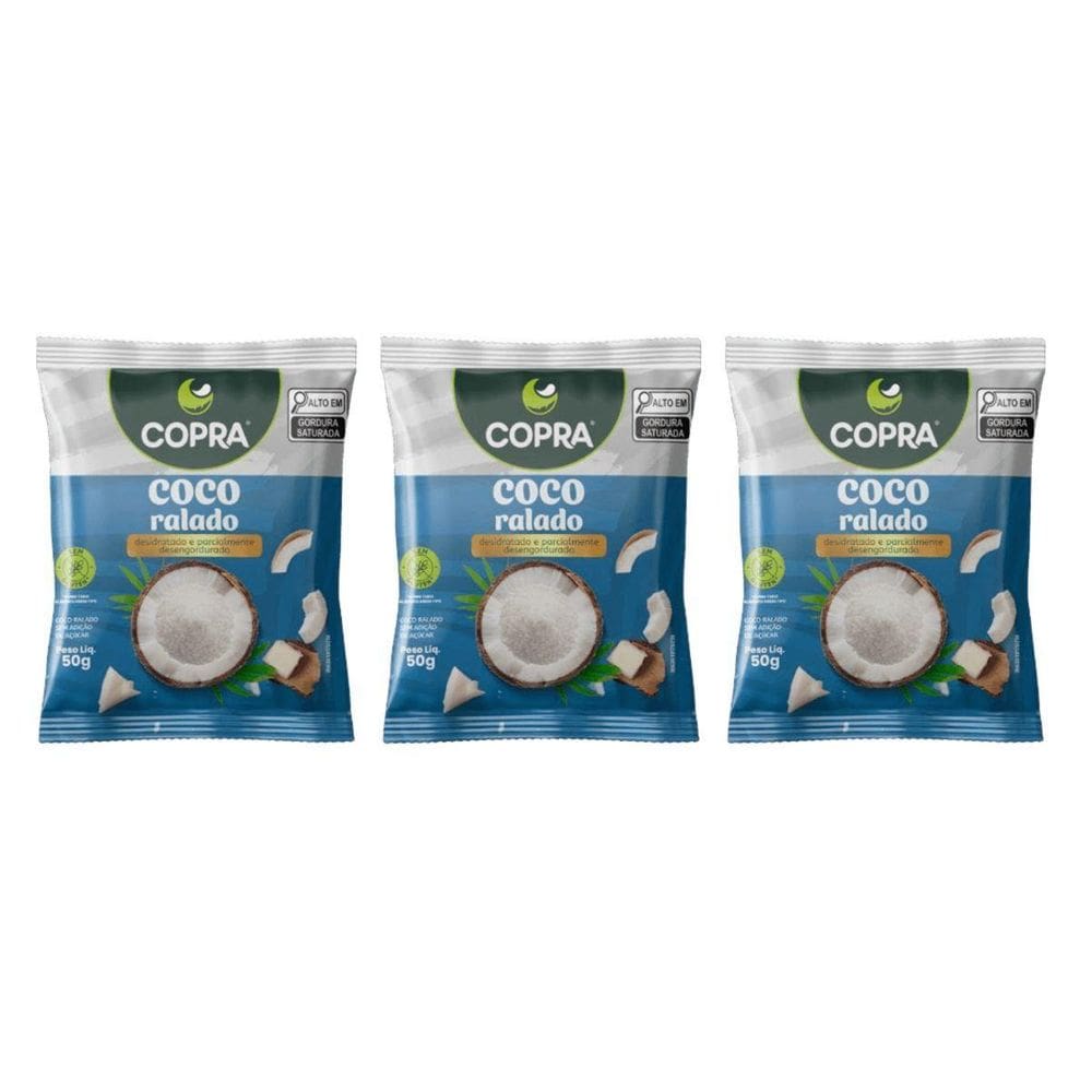 Kit 3 Coco Ralado Sem Açucar Menor Teor De Gordura 50G