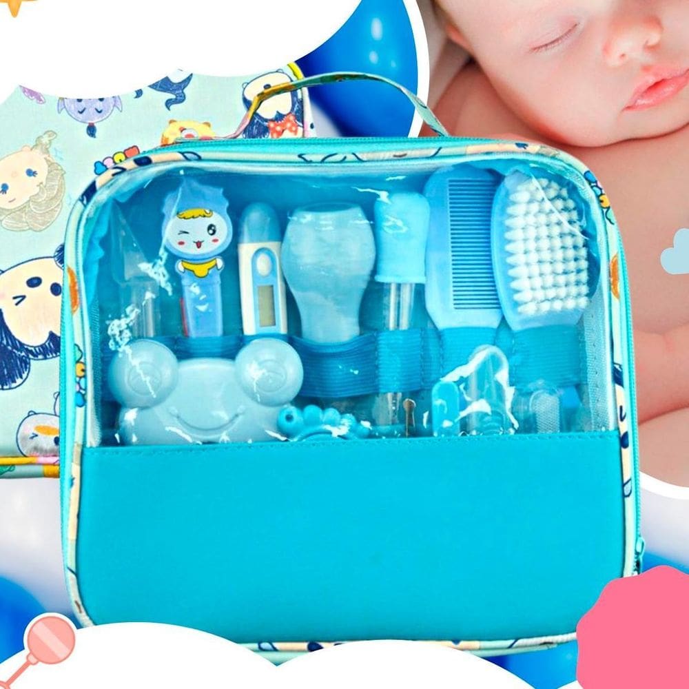 Kit Higiene Infantil Azul Bolsa Escova De Dedo Termômetro