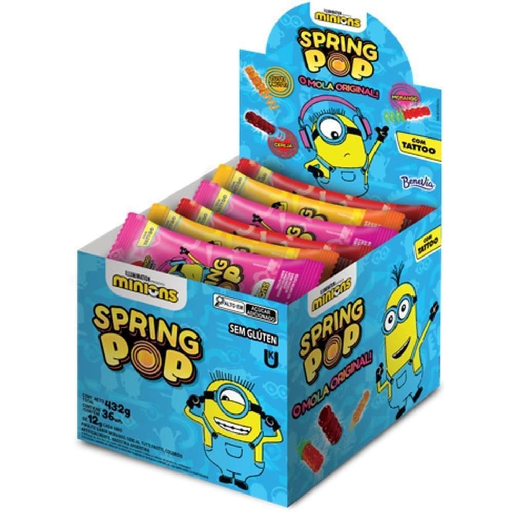 Doce Spring Pop Minions C/Tatoo Sort 36Unid - Bazooka Candy