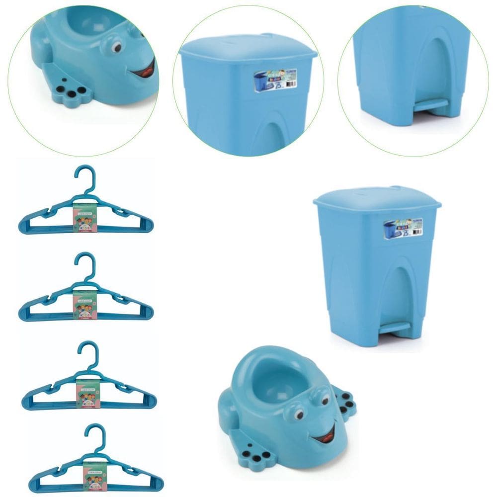 Kit Bebê Troninho Lixeira Cesto 7,5L E 20 Cabides Cor Azul
