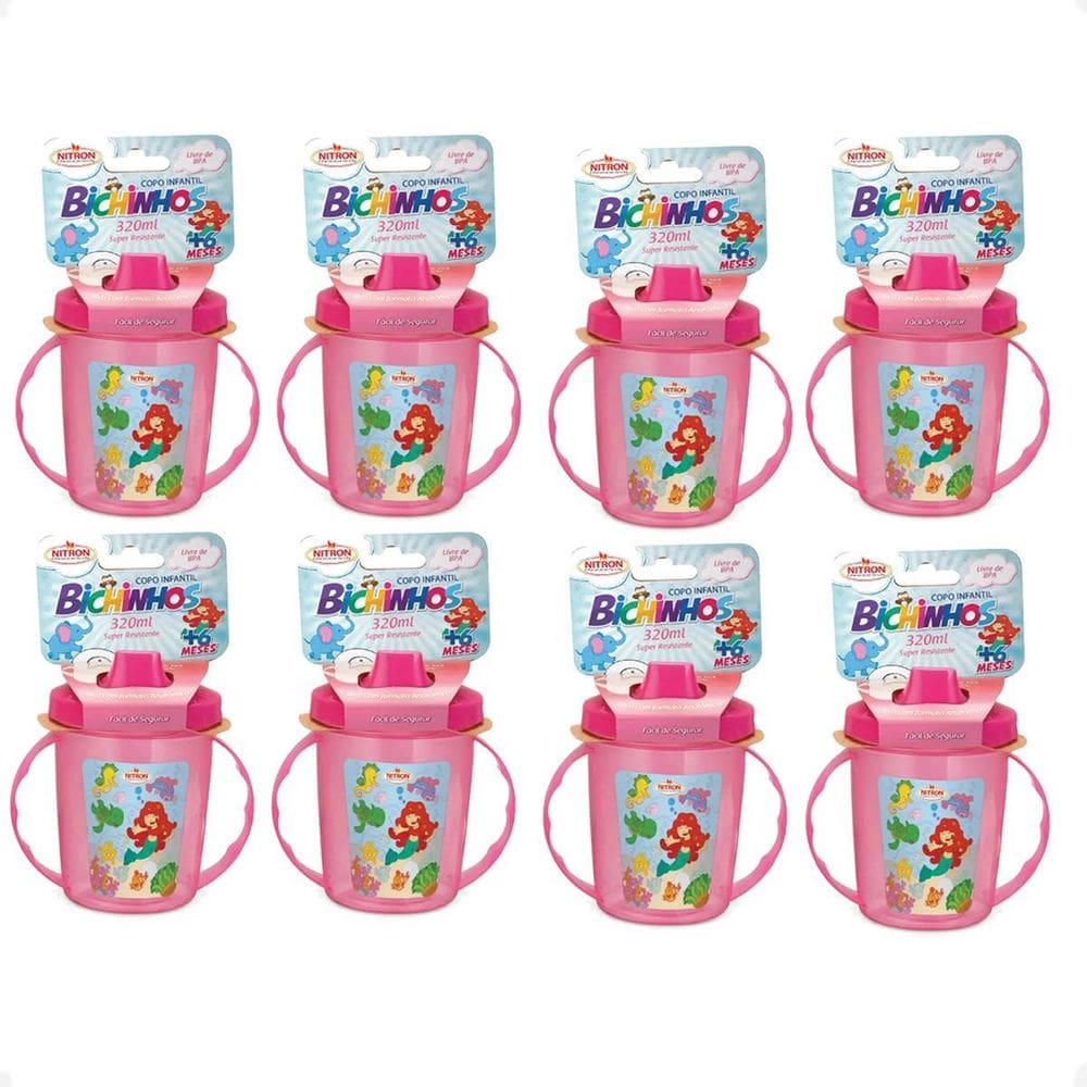 Kit 8 Copo Infantil Com Alças/Bico 320Ml 6 Meses Rosa