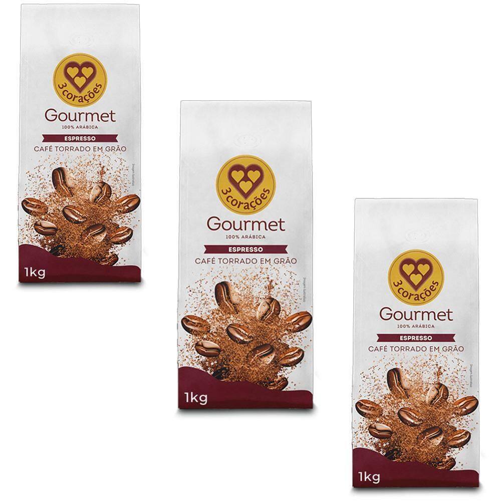 Café Em Grãos 3 Corações Espresso Gourmet Kit 3 Unid De 1Kg