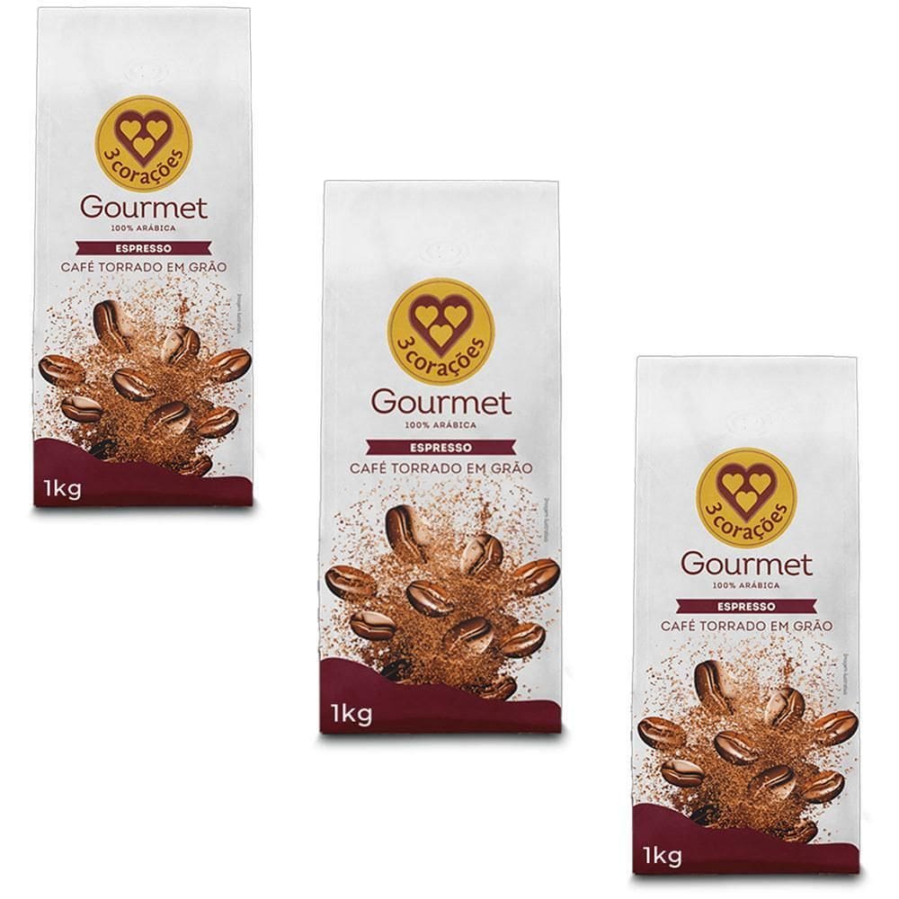 Café Em Grãos 3 Corações Espresso Gourmet Kit 3 Unid De 1Kg