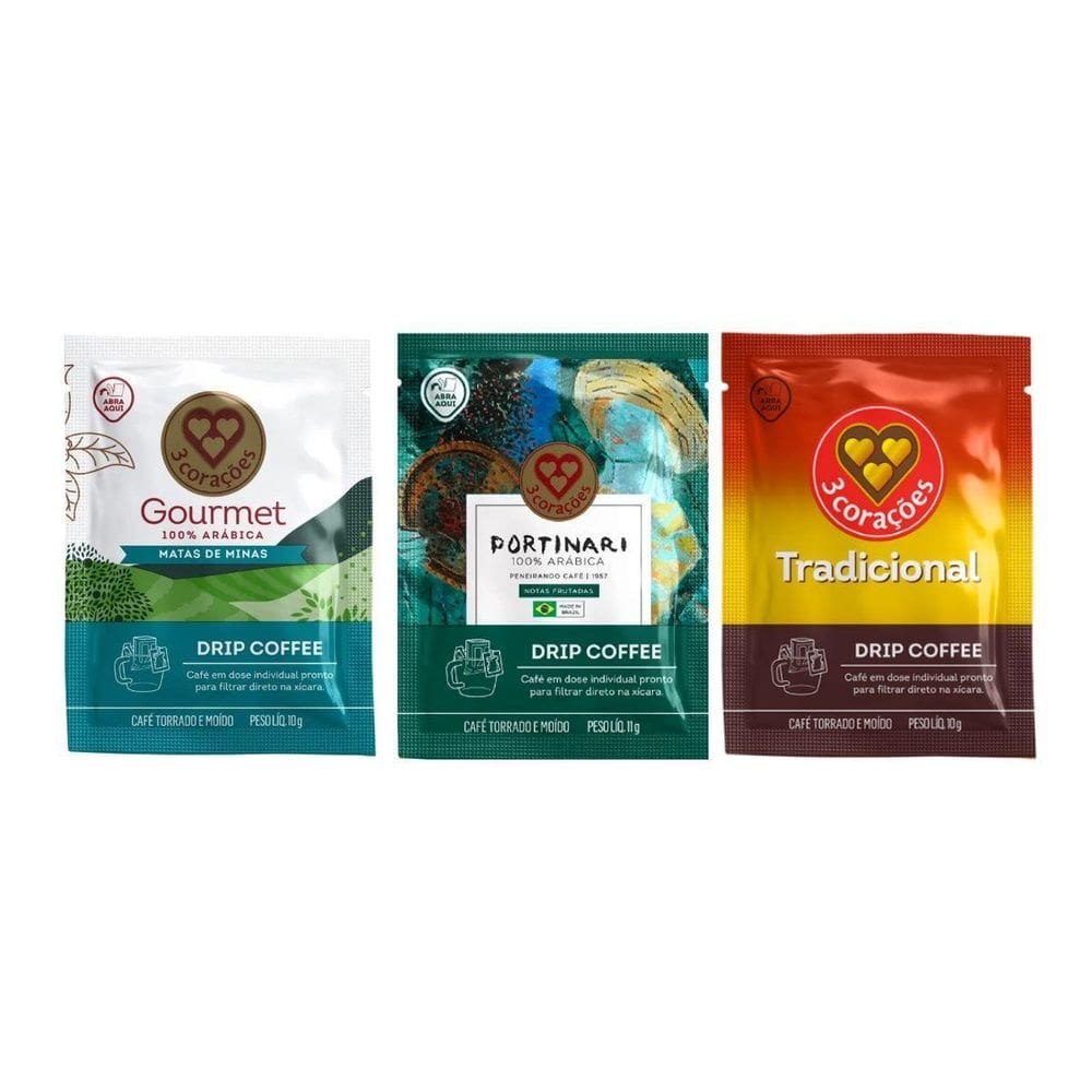 Mix 3 Saches Cafe Drip Gourmet Grãos Selecionados 3Corações