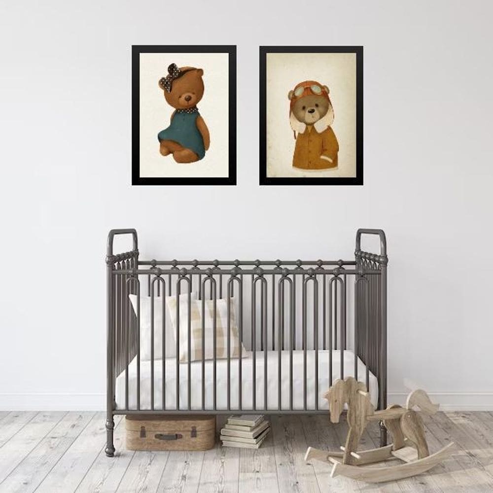 Kit 2 Quadros Vintage Para Quarto De Bebê Ursos 45X34Cm