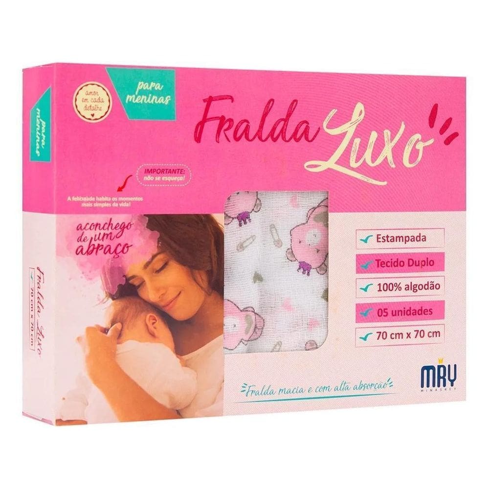 Fralda De Pano Caixa C/5 Peças Estampada 70X70 Rosa