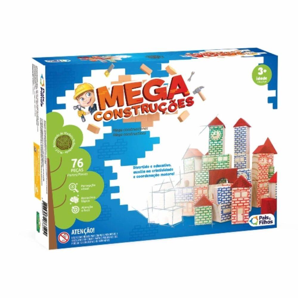 Jogo Mega Construções 76 Peças Madeira +3 Anos Educativo Criatividade Pais e Filhos
