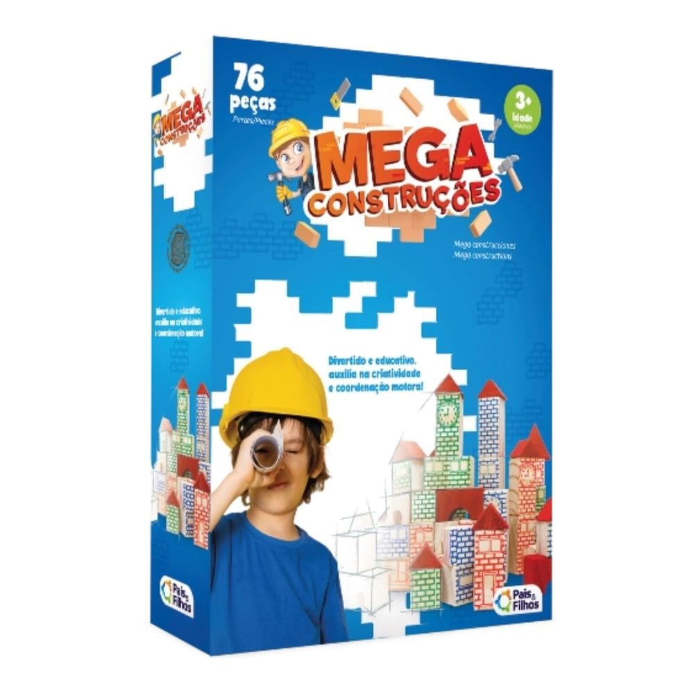 Jogo Infantil Mega Construções 76 Peças de Madeira +3 Anos Pais e Filhos