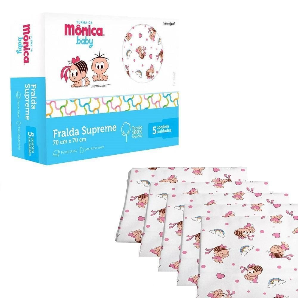 Caixa Com 5 Fralda Turma Da Mônica 70X70 100% Algodão Mônica