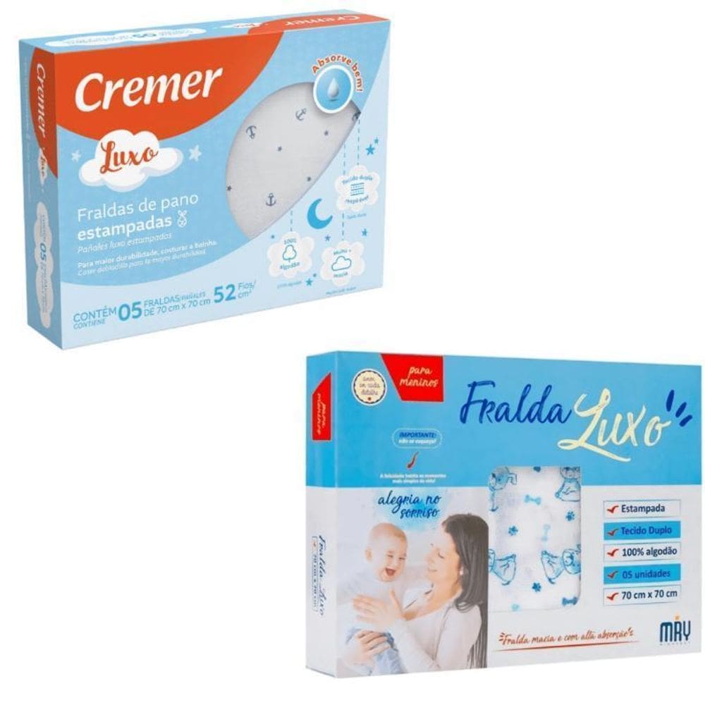 Kit 2 Cx Azul Fraldas Pano Cremer Minasrey Estampadas Luxo