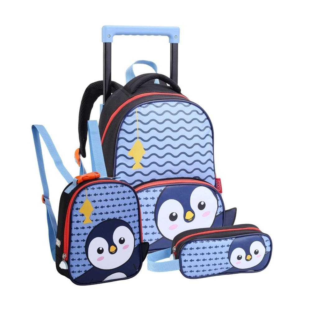Mochila De Rodinhas Lancheira Térmica Estojo Simples Pinguim