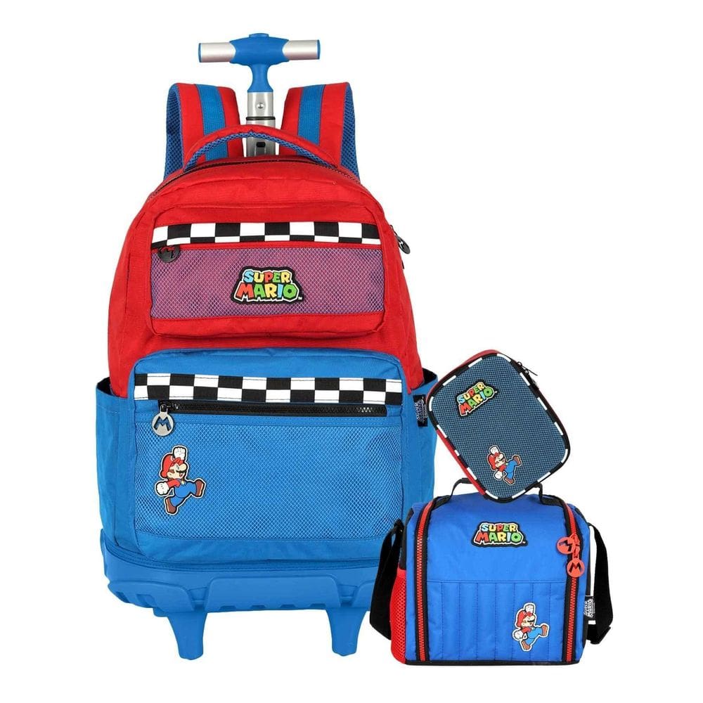 Kit Mario Bros Mochila Costas Rodas + Lancheira + Estojo Box