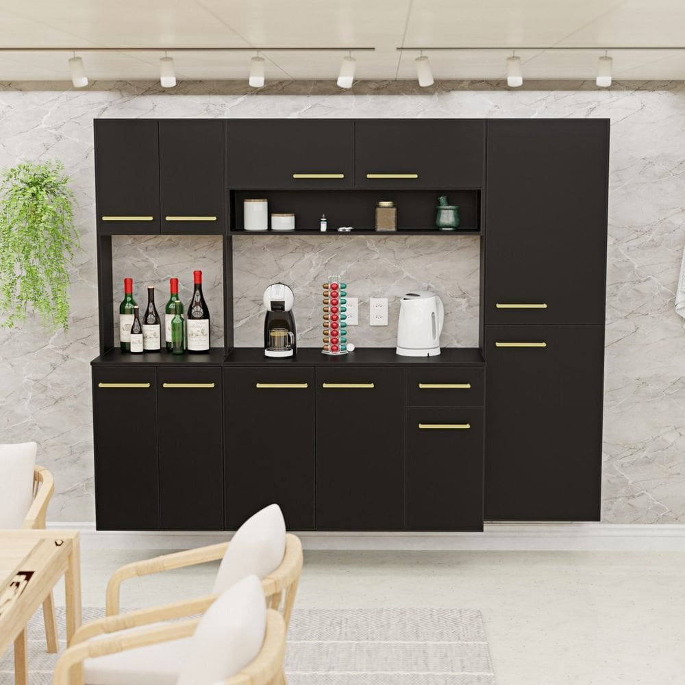 Cozinha Modulada Completa Compacta Torre Quente Armário Aéreo e Balcão Auxiliar Aura Preto