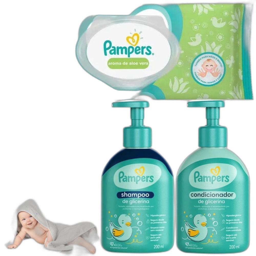 Kit Pampers Shampoo Condicionador Lenço Umedecidos Glicerina