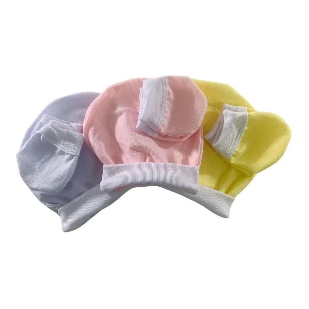 2X Kit Touca Bebê E Luvas 3 Gorros E 3 Luvinhas Para Rn