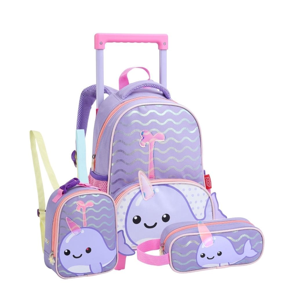 Mochila De Rodinhas Lancheira Térmica Estojo Narval Infantil