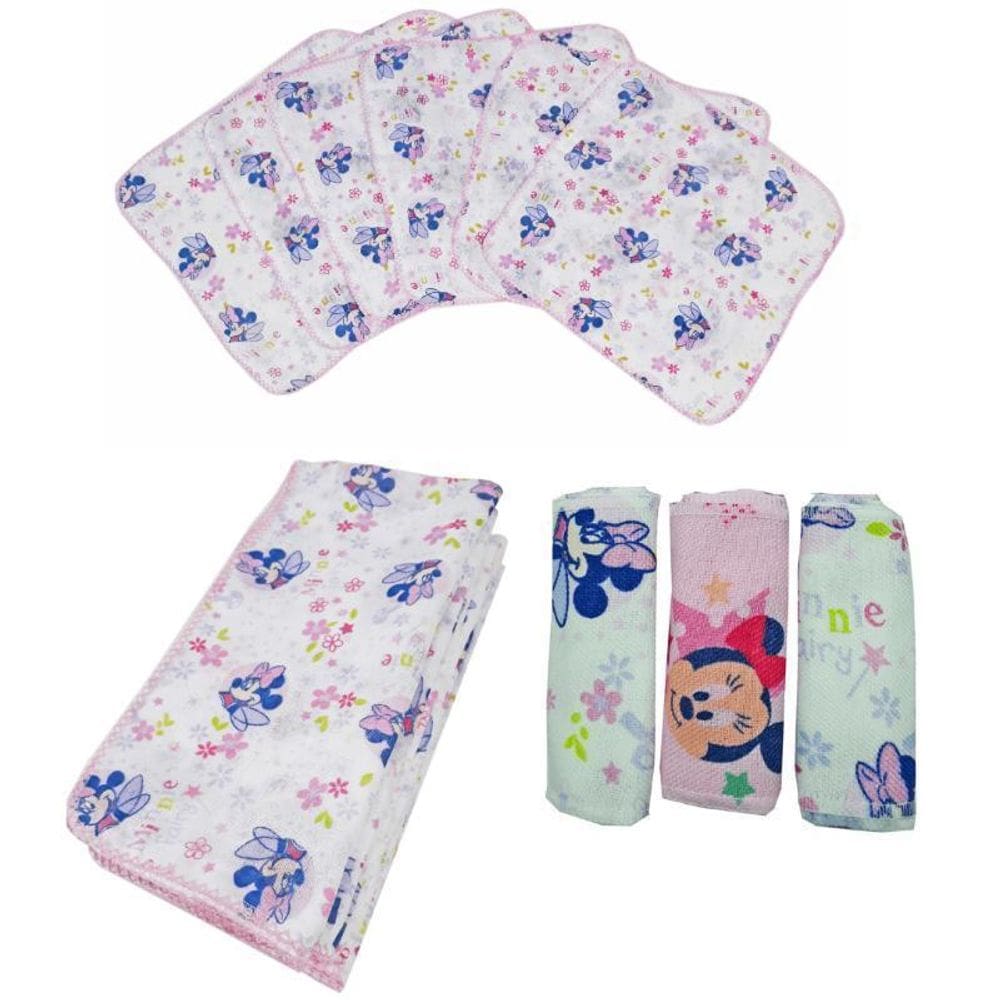 Kit 9Pç Minnie Fraldas Fralda G + Fralda Boca + Faixa Umbigo