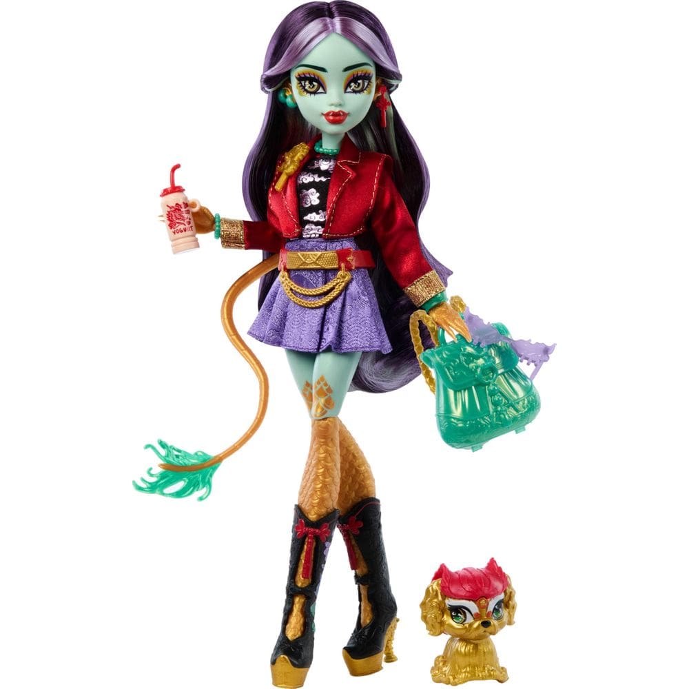 Doll Monster High Jinafire Long Dragon com cachorro de estimação e 7 unidades