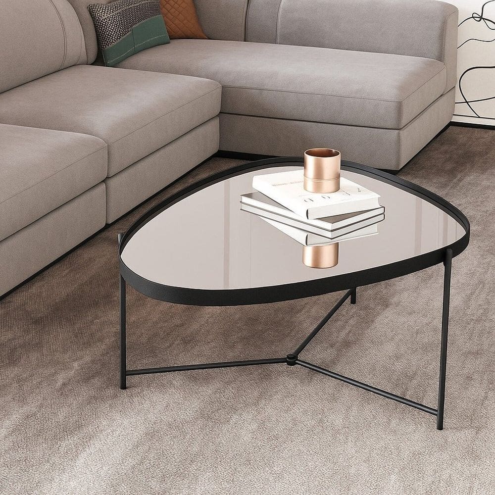 Mesa de Centro com Borda em Couro Sintético Espelho e Pés em Ferro Alamanda Preto