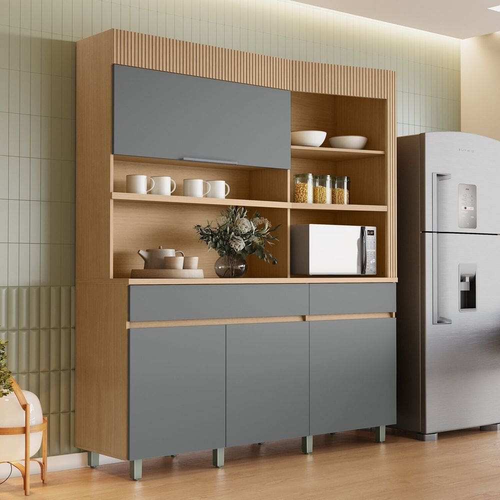 Armário de Cozinha 4 Portas 2 Gavetas 160cm Torre Angular 100% Mdf Realeza Carvalho/Titânio