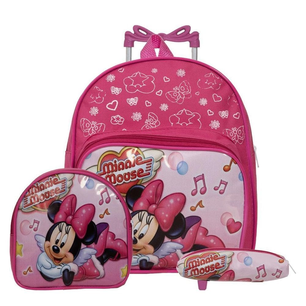 Kit Mochila Infantil Feminina Rodinha Minnie Pequena Passeio