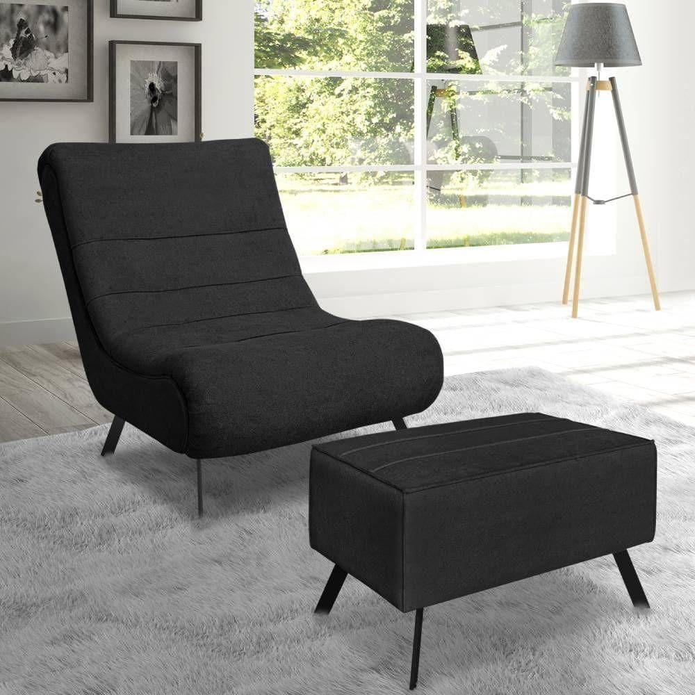 Conjunto Poltrona + Puff Com Pés De Ferro Em Tecido Bouclé Vancouver – Lucadi Preto