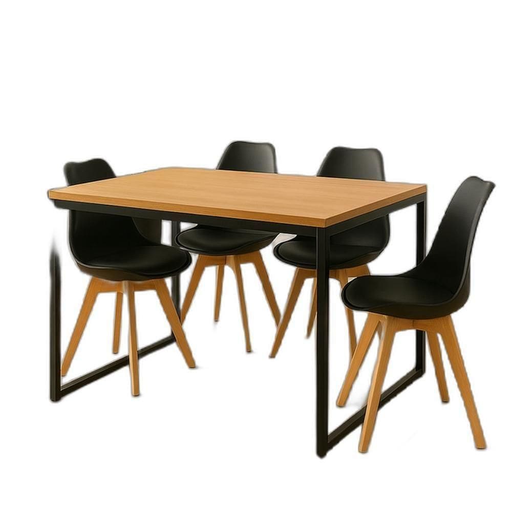 Conjunto Mesa De Jantar Industrial 120cm Tampo Amadeirado Com 4 Cadeiras Pretas Pés De Madeira