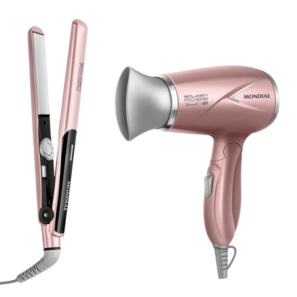 Kit Secador de Cabelos Travel + Prancha Alisadora Bivolt Golden Rose Tourmaline Íon Cerâmica Mondial
