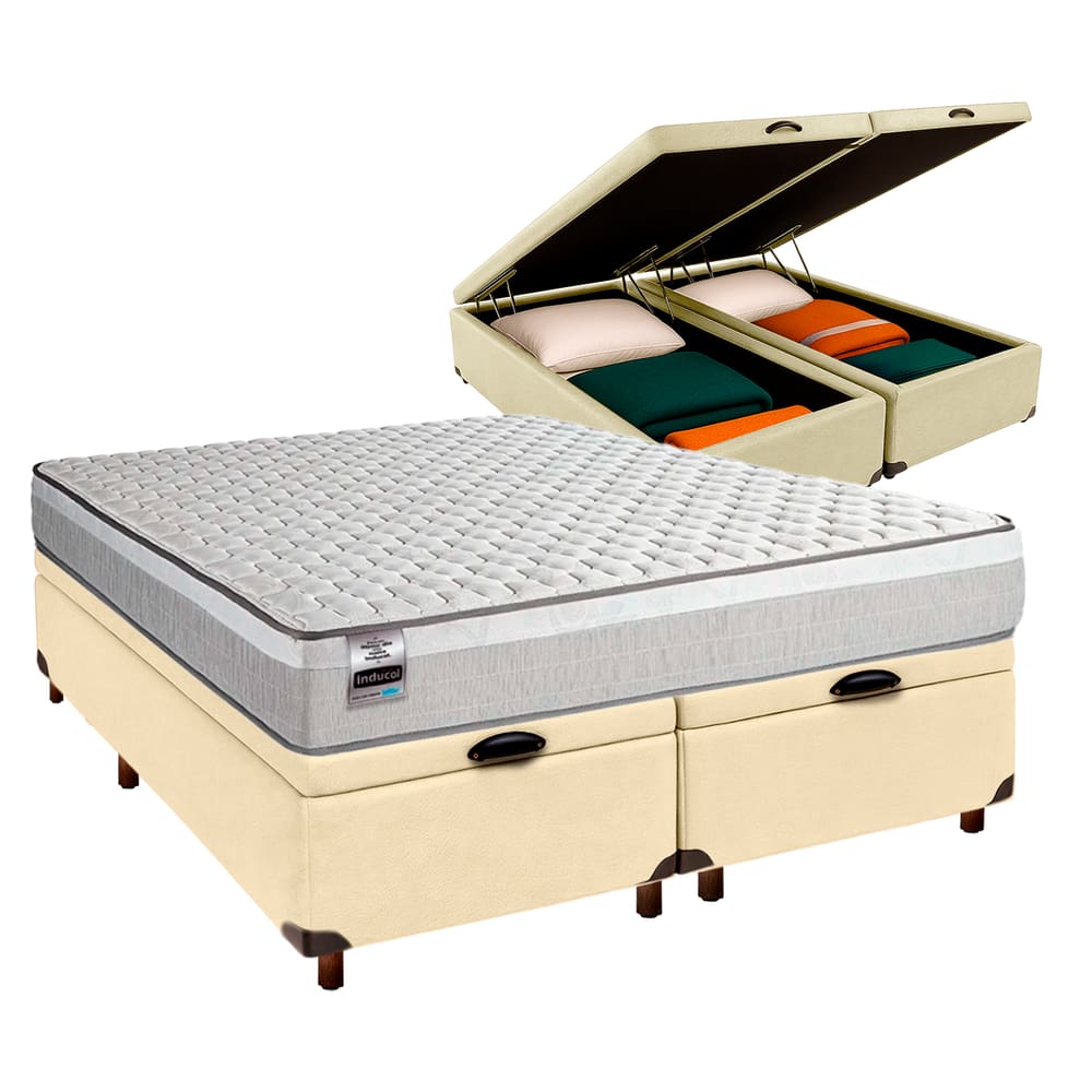 Conjunto Cama Box Bau Blindado Queen + Colchão Molas Ensacadas Hanover Inducol