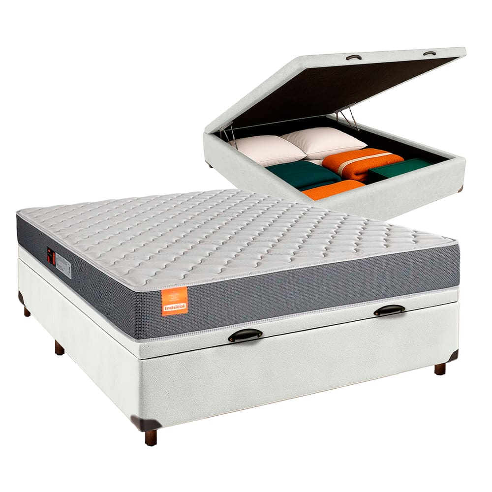 Conjunto Cama Box Bau Branco Casal + Colchão D23 Pro Inducol