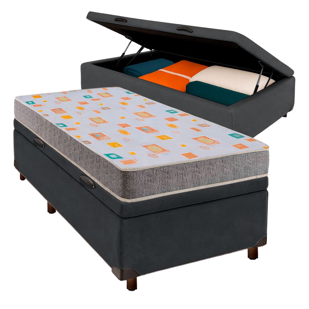 Conjunto Cama Box Bau Cinza Solteiro + Colchão D20 Inducol