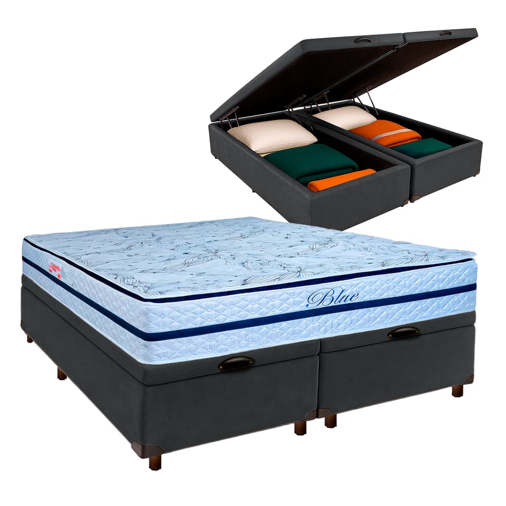 Conjunto Cama Box Bau Blindado Queen + Colchão Molas Ensacadas Blue Paropas
