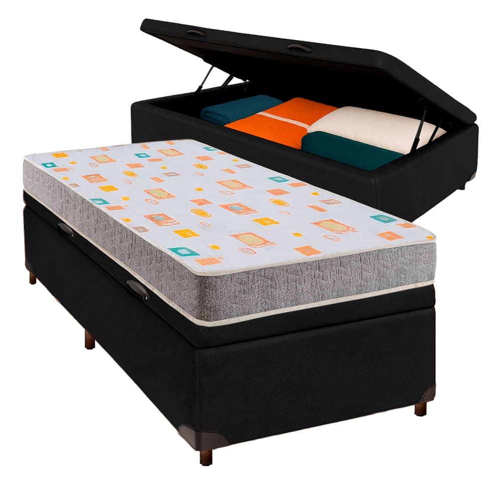 Cama Box Bau Preto Solteiro + Colchão D20 Inducol
