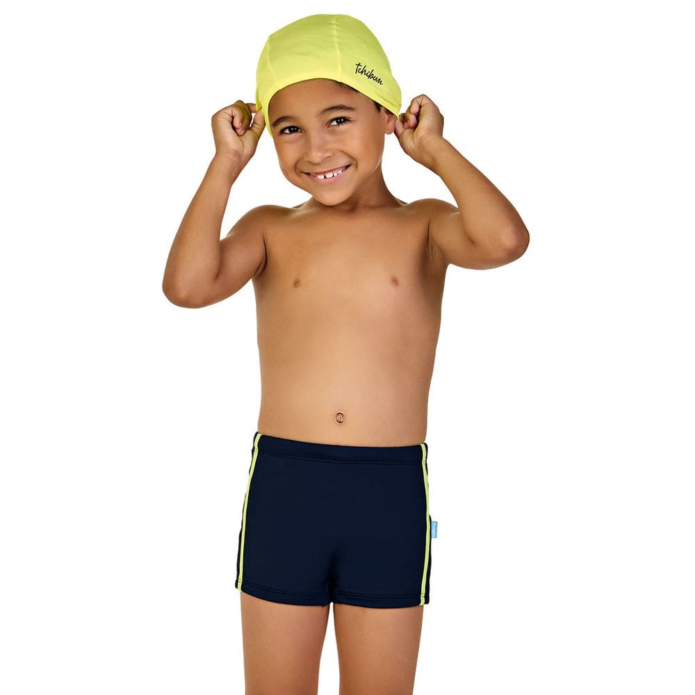 Sunga Boxer Natação Infantil com Touca Proteção UV50+ Amarelo Neon Kamylus
