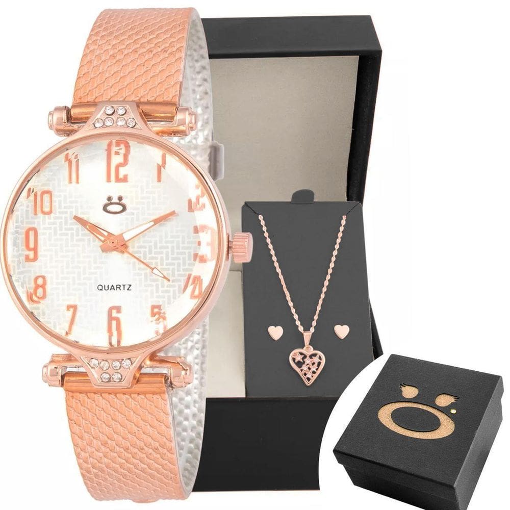 Relógio Feminino Aço Inox Rosê + Colar + Brincos Orizom
