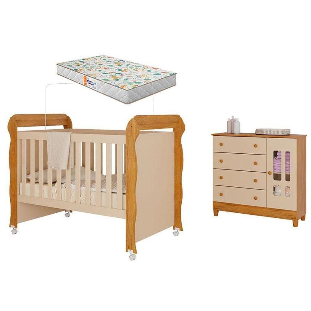 Berço Americano Mirelle E Cômoda Infantil Ariel Com Porta Off White Bétula Com Colchão Gazin- Carolina Baby