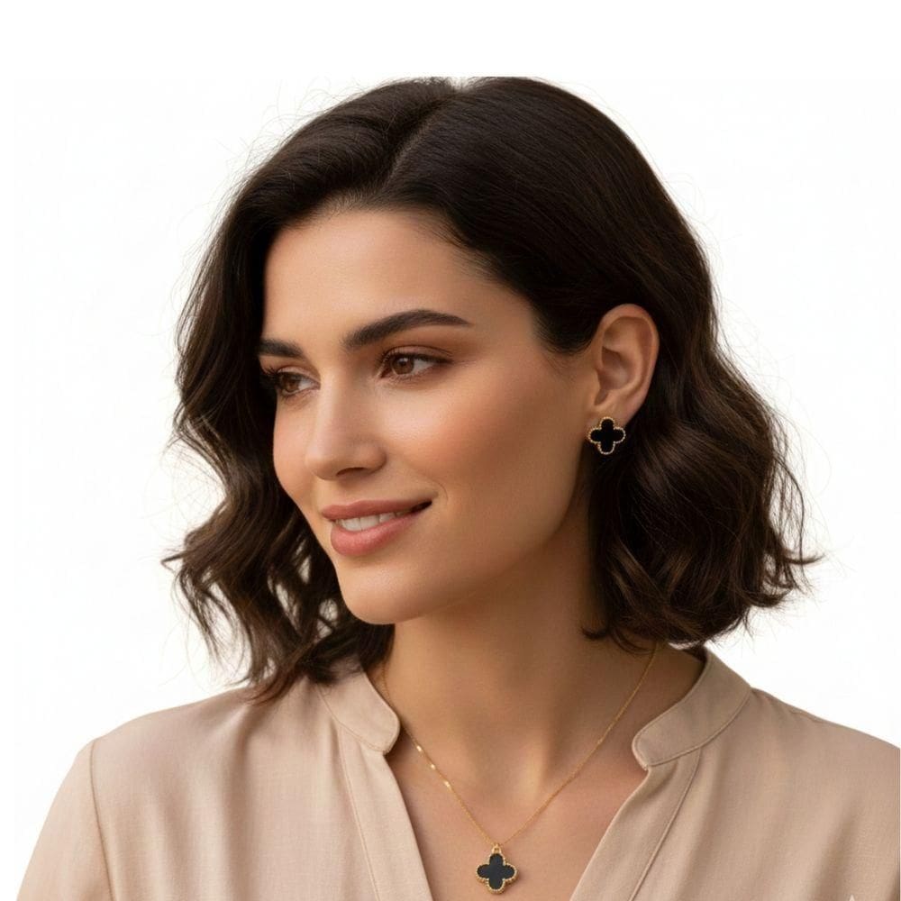 Bijuteria Colar E Brinco De Trevo Banhado A Ouro 18k