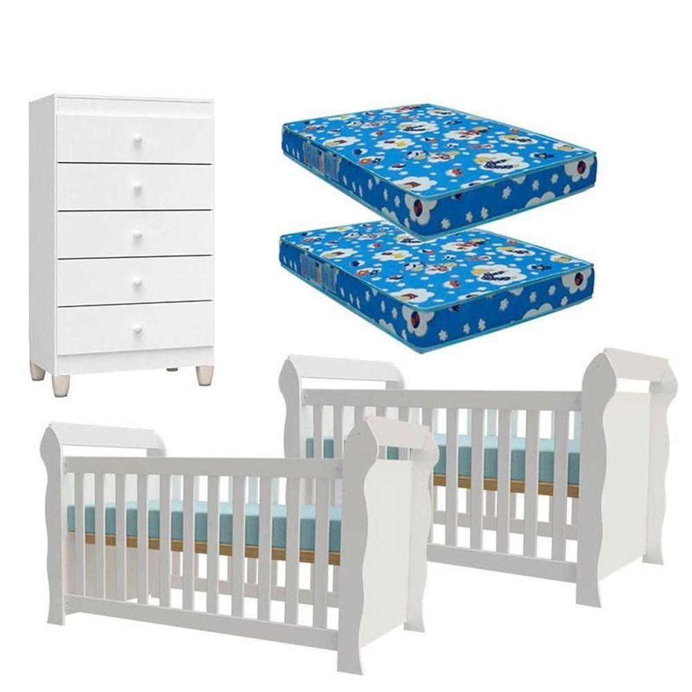 02 Berços Americano Lara Com 02 Colchões E Cômoda Gaveteiro Ternura Baby Branco Brilho - Incorplac