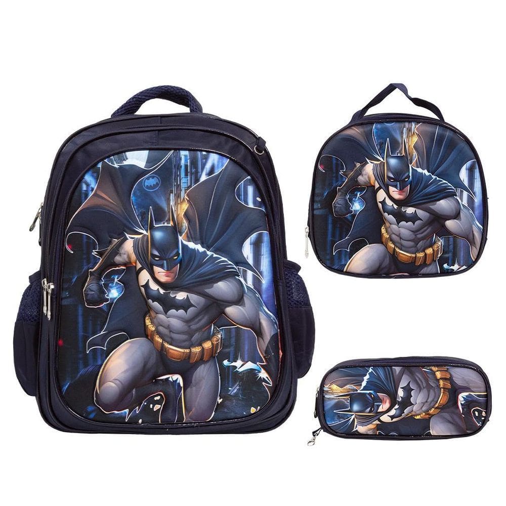 Kit Mochila Infantil Menino Costas Batman 3D Com Lancheira