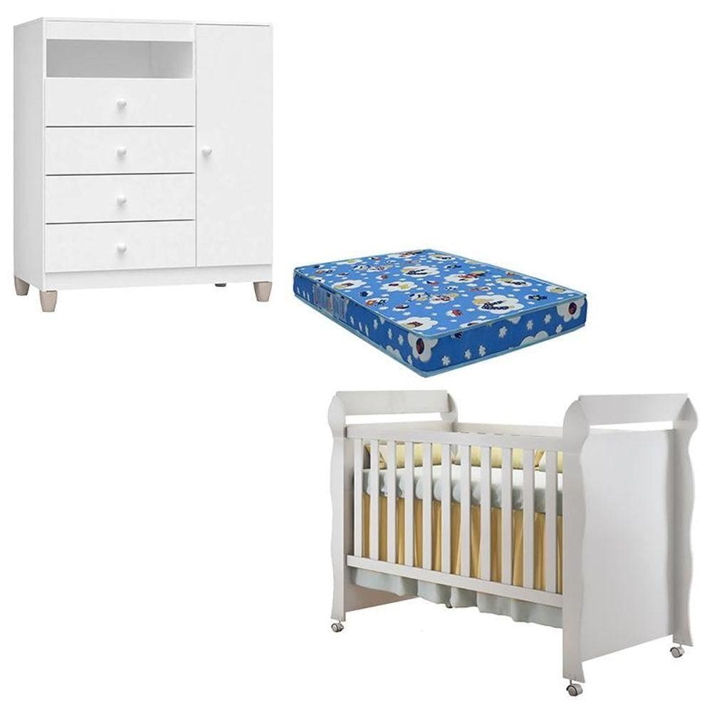 Berço Americano Mirelle Com Colchão Para Berço Americano E Cômoda Infantil Ternura Baby Branco Brilho - Incorplac