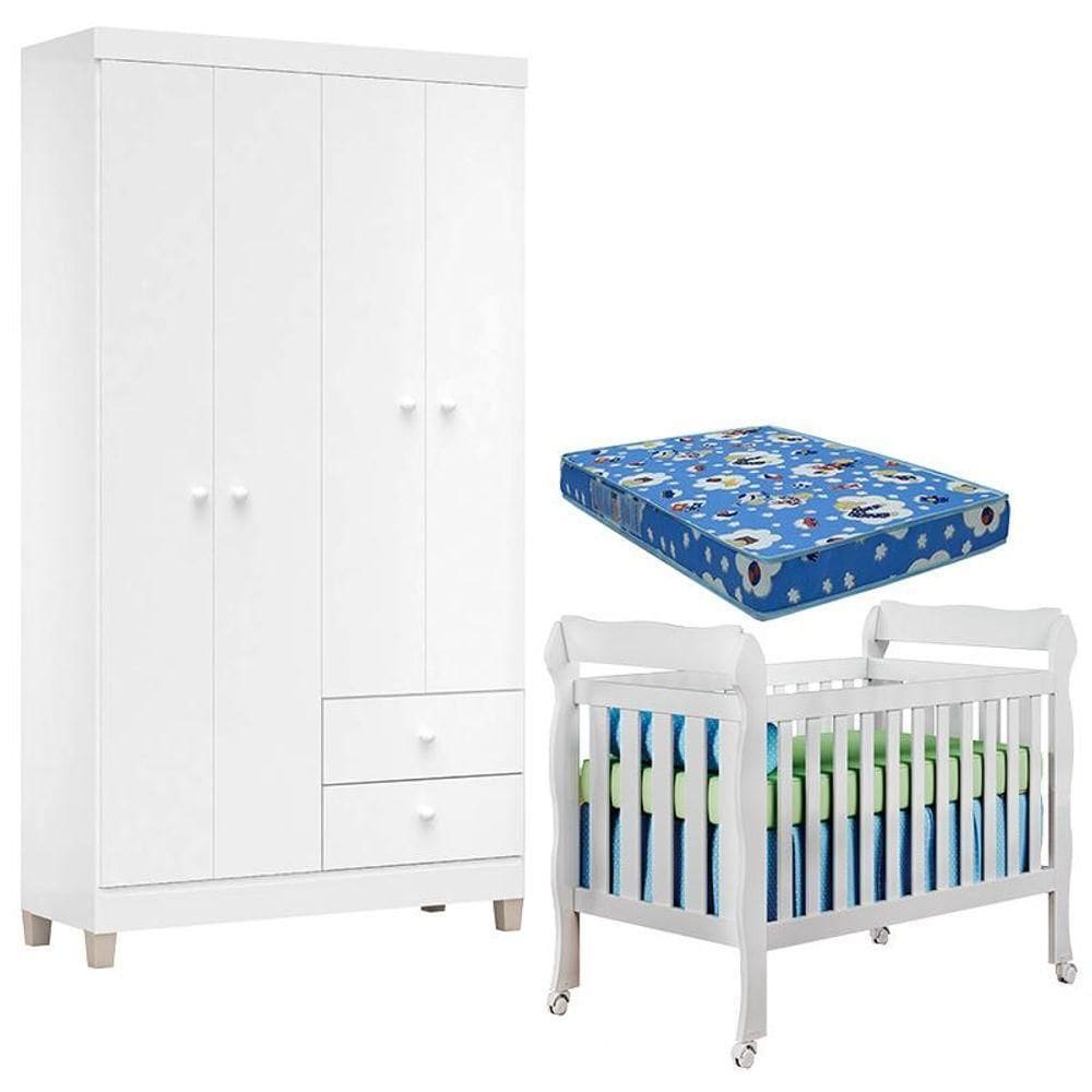 Berço Americano Lila Com Colchão Para Berço Americano E Guarda Roupa Ternura Baby 4 Portas Branco - Incorplac