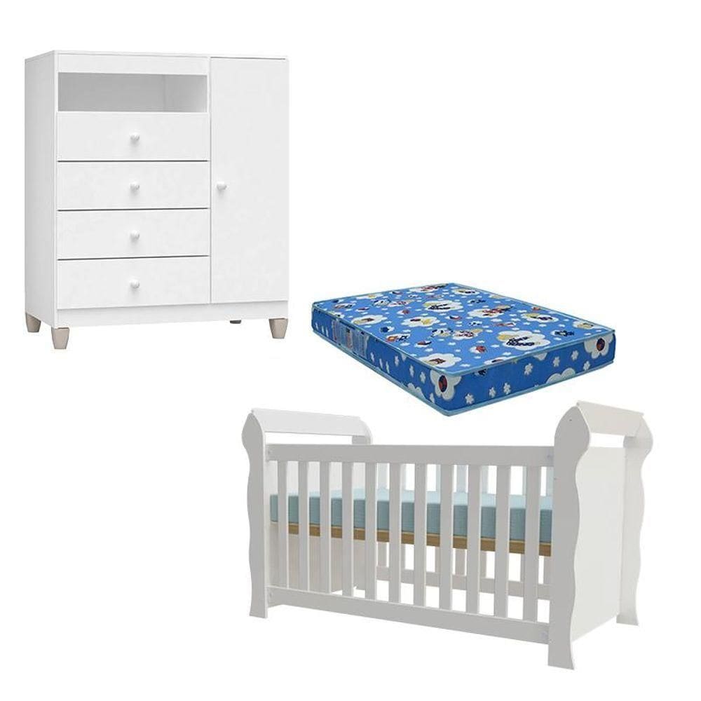 Berço Americano Lara Com Colchão Para Berço Americano E Cômoda Infantil Ternura Baby Branco Brilho - Incorplac