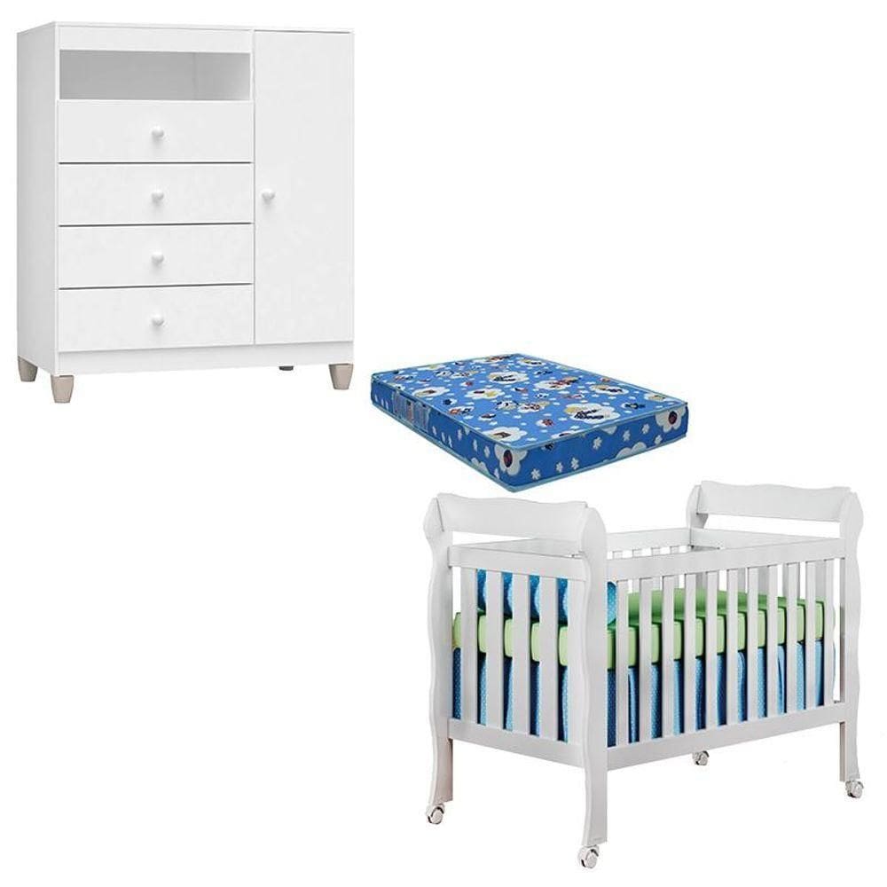 Berço Americano Lila Com Colchão Para Berço Americano E Cômoda Infantil Ternura Baby Branco Brilho - Incorplac